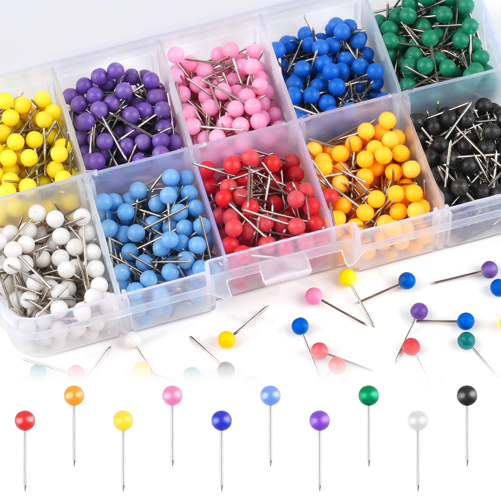 Photo 1 of 1000 Pcs Multi-Color Push Pins, Map Pins for Travel Map, 1/8" Small Map Tacks with Plastic Beads Head for Cork Board, World Map Pin Board, Bulletin Board, Fabric Marking, Craft, Office