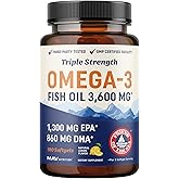 Triple Strength Omega 3 Fish Oil 3600 mg | EPA & DHA | Over 2100mg Omega-3 Fatty Acids | 1300mg EPA + 860mg DHA | Best Essential Fatty Acids | Premium Wild Caught & Burpless Fish Oil | 180 Ct