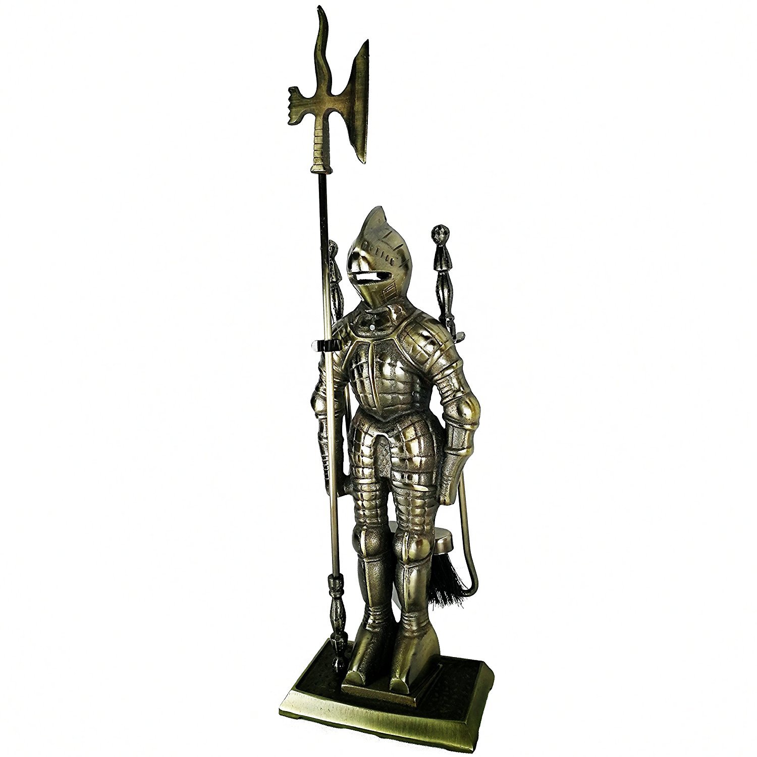 Lizh Middle Ages Knight Cast Iron Fireplace Tool Set ,Antique Brass