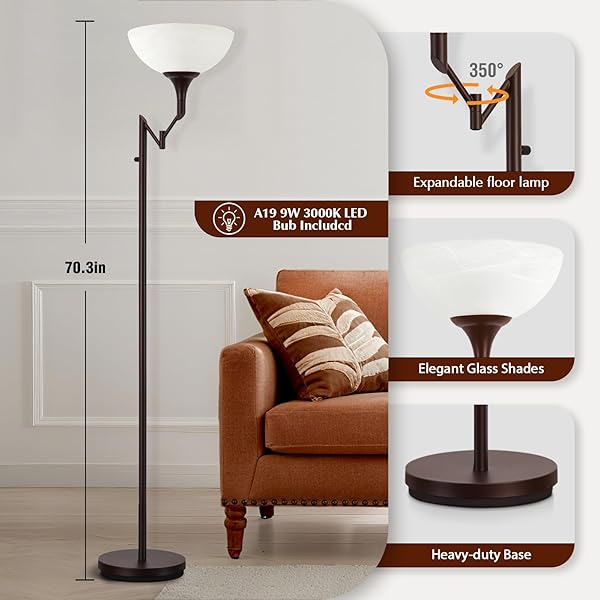 EJIAXIN FLOOR LAMPS FOR LIVING ROOM BRONZE, 71″ TALL STANDING LAMP WITH GLASS SHADE, VINTAGE FLOOR LAMP WITH 350°ADJUSTABLE SWING ARM LAMP, POLE LAMP FOR BEDROOM, LIVING ROOM, OFFICE, BULBS INCLUDED