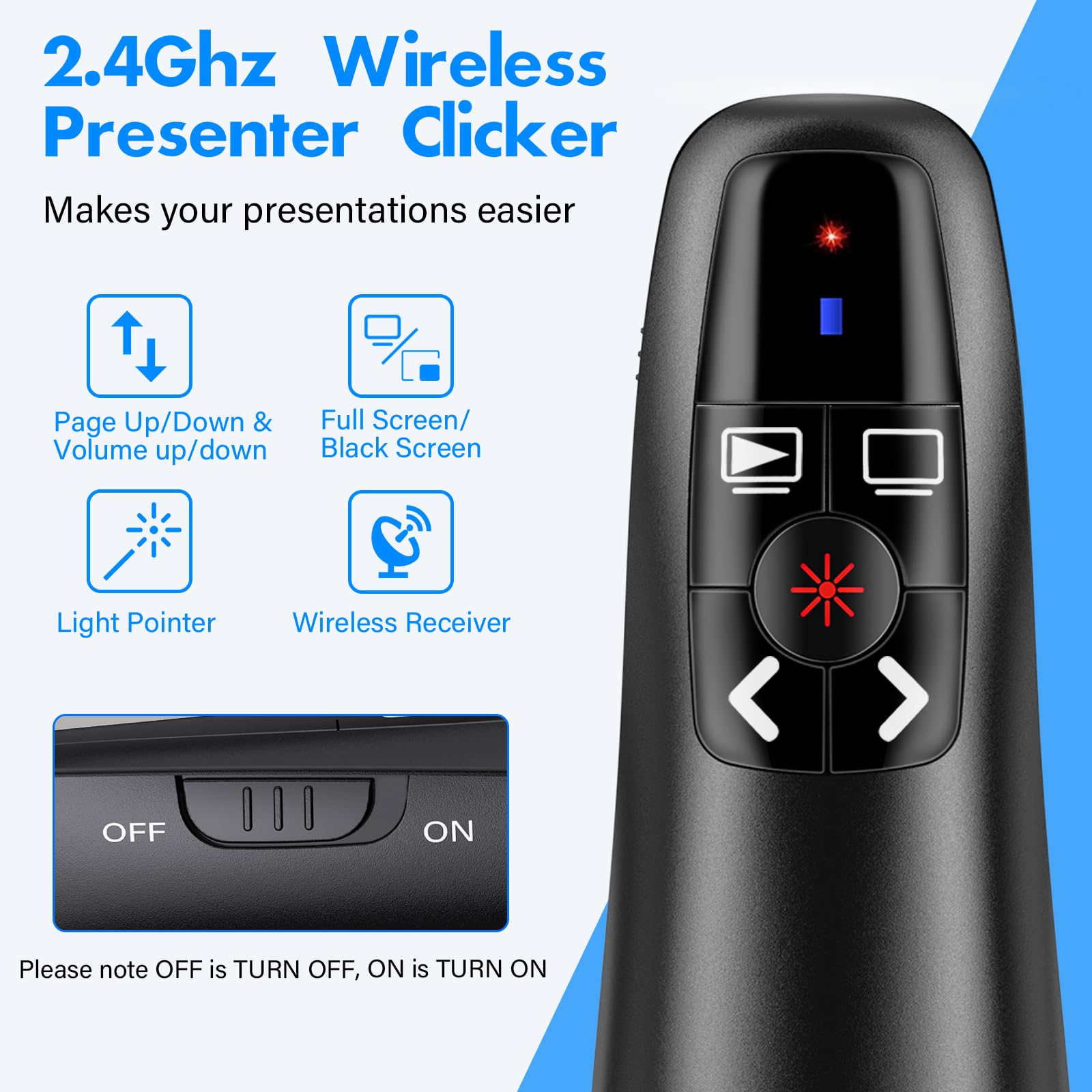 NinjaABXY Presentation Clicker with 2-in-1 USB Type C, Wireless Presenter Remote Clicker for PowerPoint Presentations, Pointer RF 2.4GHz USB PowerPoint Clicker Slide Advancer with Volume Control