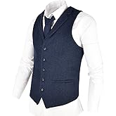 VOBOOM Mens Herringbone Tailored Collar Waistcoat Fullback Wool Tweed Suit Vest