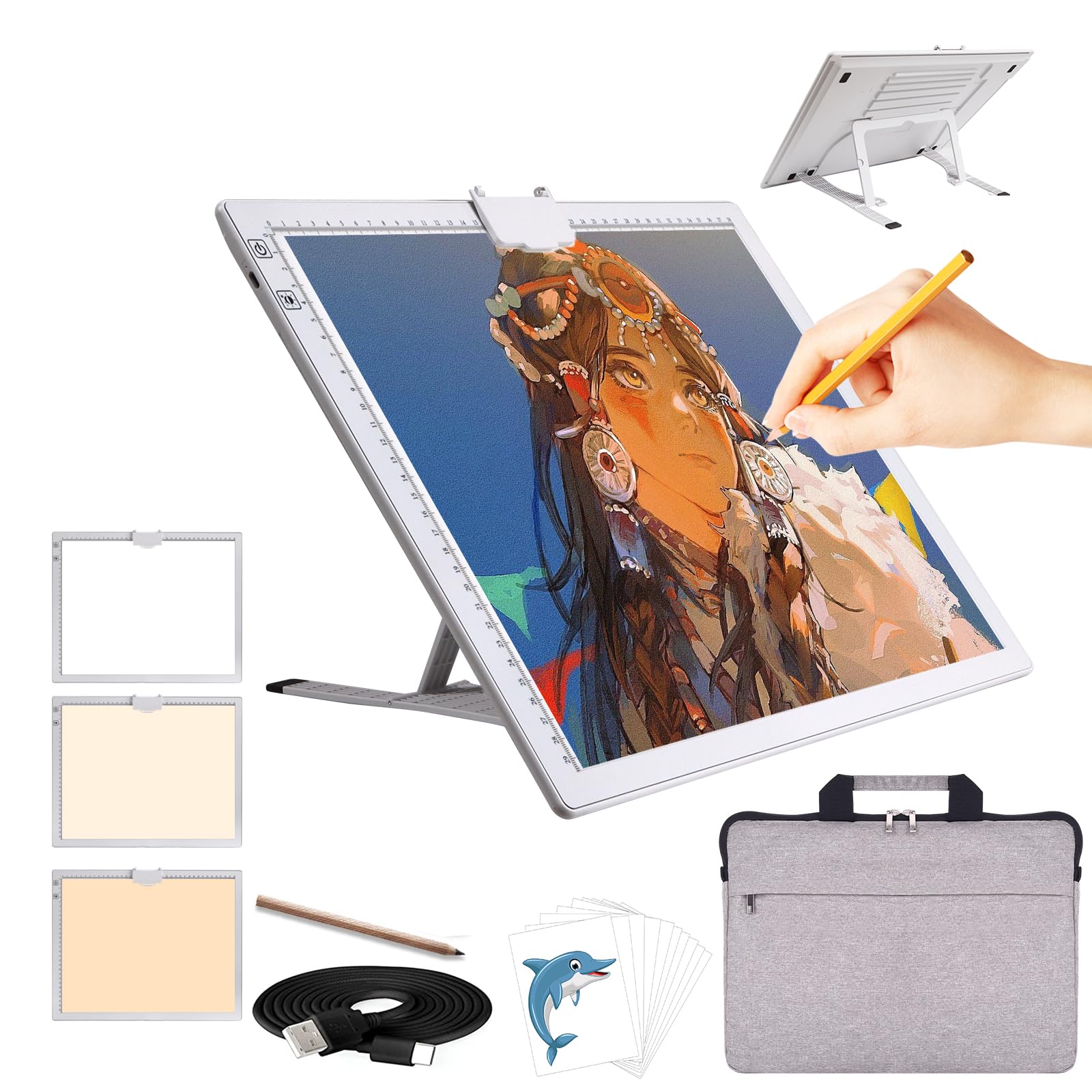 A3 Light Board for Diamond Painting, 3 Colors Stepless Dimmable Board Tracing with 6 Levels of Brightness, Rechargeable Light Pad with Stand for Painting Kits, Sketching, Drawing, Tattoo(White)