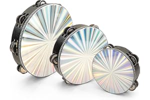 KEJJNYER 3 Pack Radiant Tambourine 10inch 8inch 6inch Hand Held Wood Tambourine Double Row Jingles Reflective Tambourines for Adults Church, Tambourine Musical Instrument
