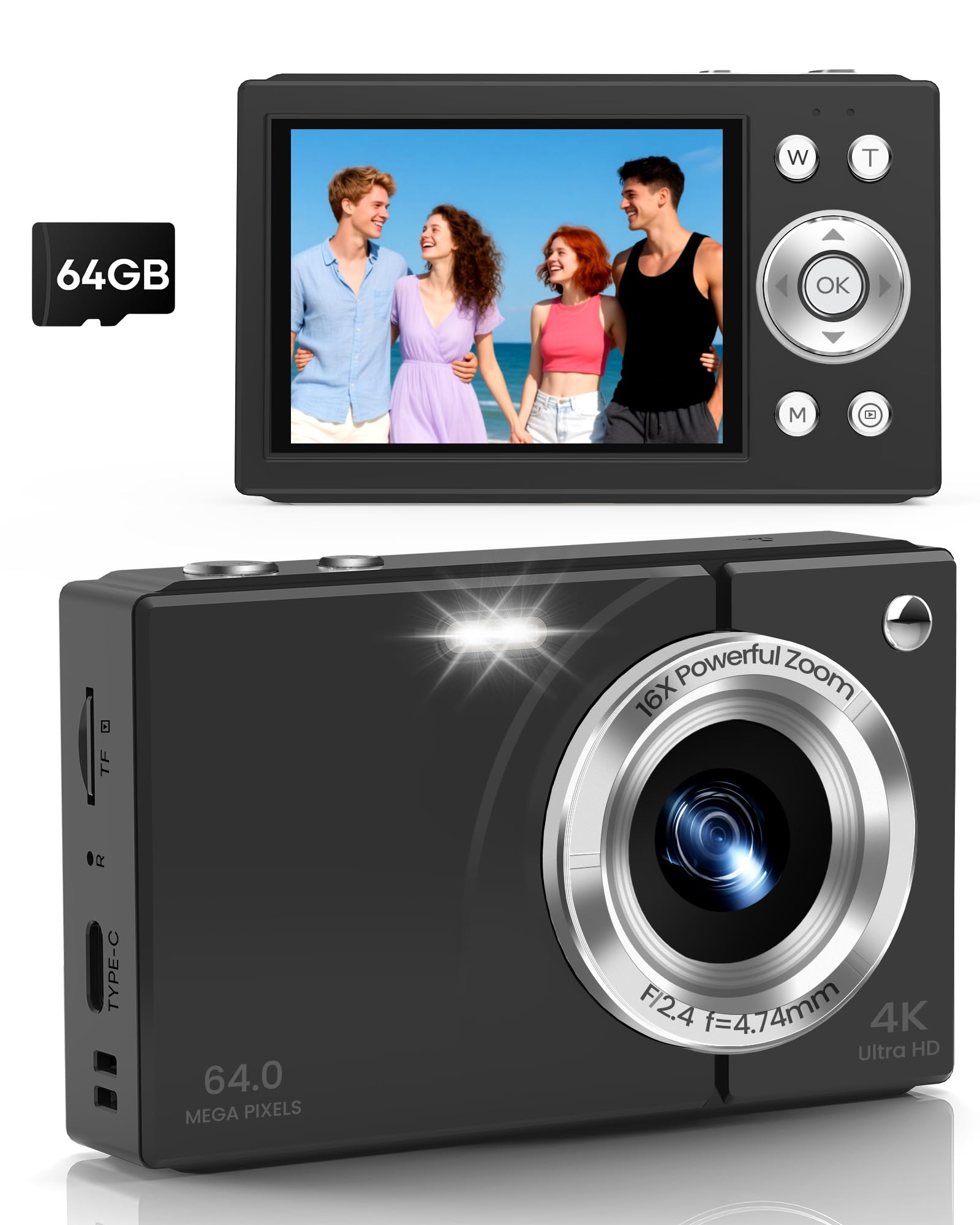 Photo 1 of Digital Camera, 4K Vlogging Camera with Autofocus, 64MP, 16X Zoom, 64GB Card Included, Built-in Battery, Small Digital Camera for Teen Adult Beginners, Ideal for Travel & YouTube - Black