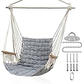 [Upgraded] Hammock Chair Hanging Swing with Wooden Armrests;Steel Spreader Bar and Anti-Slip Rings;Cotton Woven Fabric;Up to 300 Lbs for Bedroom,Patio,Porch,Deck-Indoor Light Grey