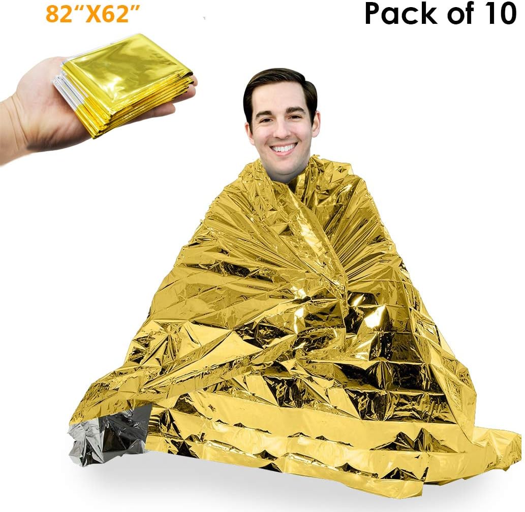 iChefer Emergency Blanket Mylar Survival Blanket 82" X 62" Two-Sided Extra Large – Moisture Proof and 90% Heat Retention Foil Space Solar Emergency Thermal Blanket Pack of 10