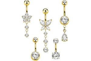 OUFER 5PCS Belly Button Rings Dangle– 14G Surgical Steel Belly Button Piercing, Hypoallergenic Belly Rings with CZ Butterfly 