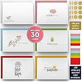 Dessie 30 Fun Thinking of You Cards With Envelopes. 30 4x6 Inch Note Cards With Envelopes Set - Blank Inside. 6 Unique Designs. Assorted Color Envelopes and Gold Seals. Sturdy Storage Box
