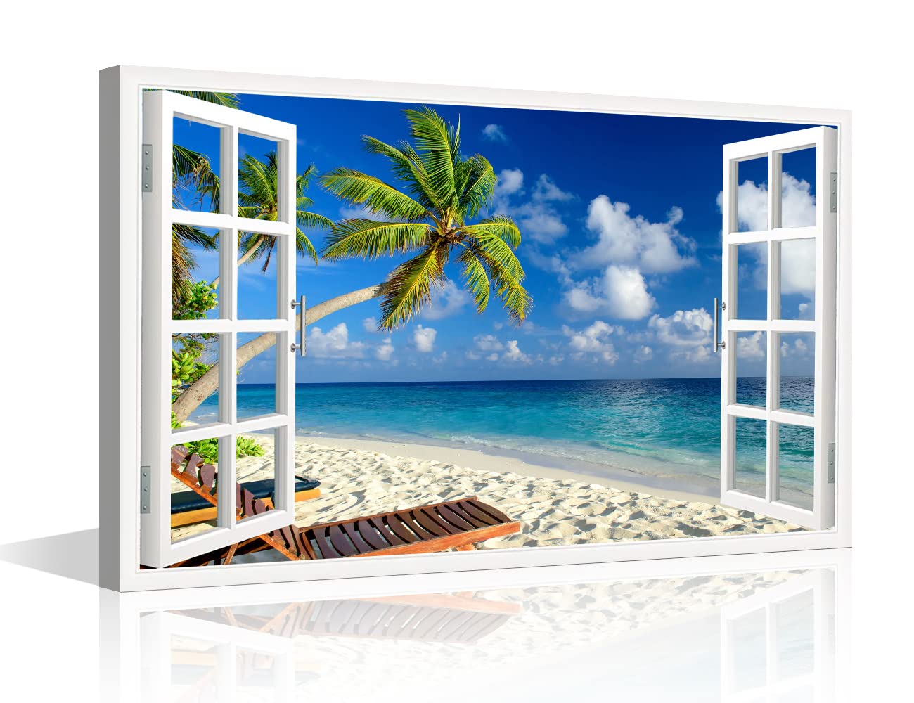 TISHIRON Canvas Wall Art 3D Window View Summertime Art Beach Seaside Coconut Tree Picture for Home Office Bathroom Bedroom Stretched Giclee Framed Print Ready to Hang 12x18inch — image 1