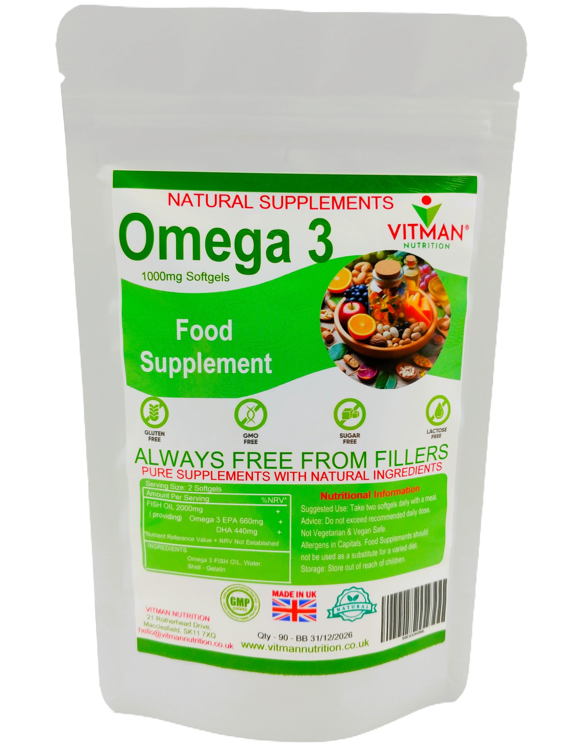 Omega 3 Fish Oil Softgels - Ultra Potent 1000mg - 90 Capsules - Strong EPA & DHA - Easy to Swallow Omega 3 Fish Oils - Joint Heart & Brain Health Supplement