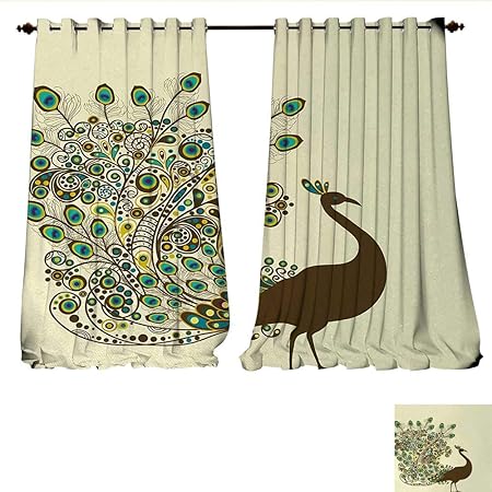 Window Curtain Fabric Detailed Peacock Bird Profile Wings Open On