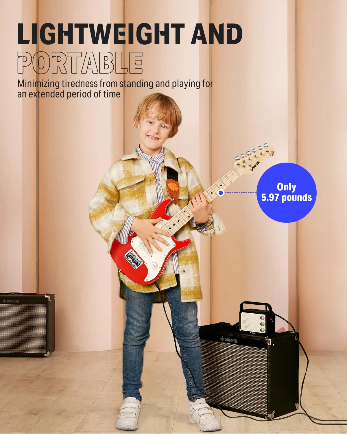 Donner 30 Inch Kids Electric Guitar Beginner Kits ST Style Mini Electric Guitar for Boys Girls with Amp, 600D Bag, Tuner, Picks, Cable, Strap, Extra Strings, DSJ-100, Red