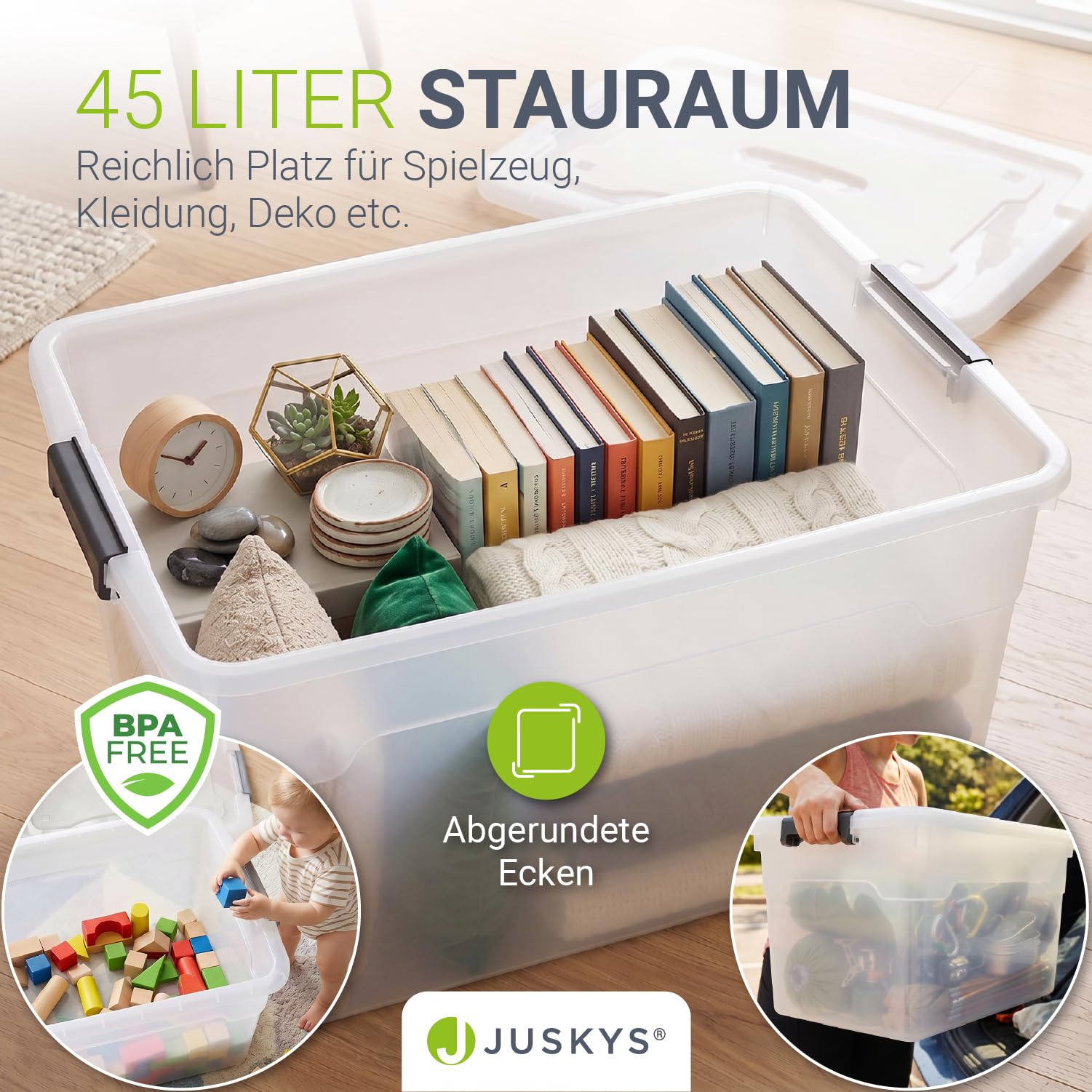 Juskys Aufbewahrungsbox mit Deckel - 4er Set Kunststoff Boxen 45l - Box groß, stapelbar, transparent - Aufbewahrung Ordnungssystem Aufbewahrungsboxen 6