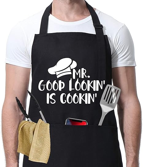 Amazon Mr Good Lookin Is Cookin 男性用面白いエプロン ポケット3つ付き バレンタインデーギフト 彼氏 父 彼氏 夫 妻からのバレンタインギフト 誕生日 キッチン 料理 ギフト Miracu シェフエプロン ブラック M002 Good Lookin Black エプロン オンライン通販