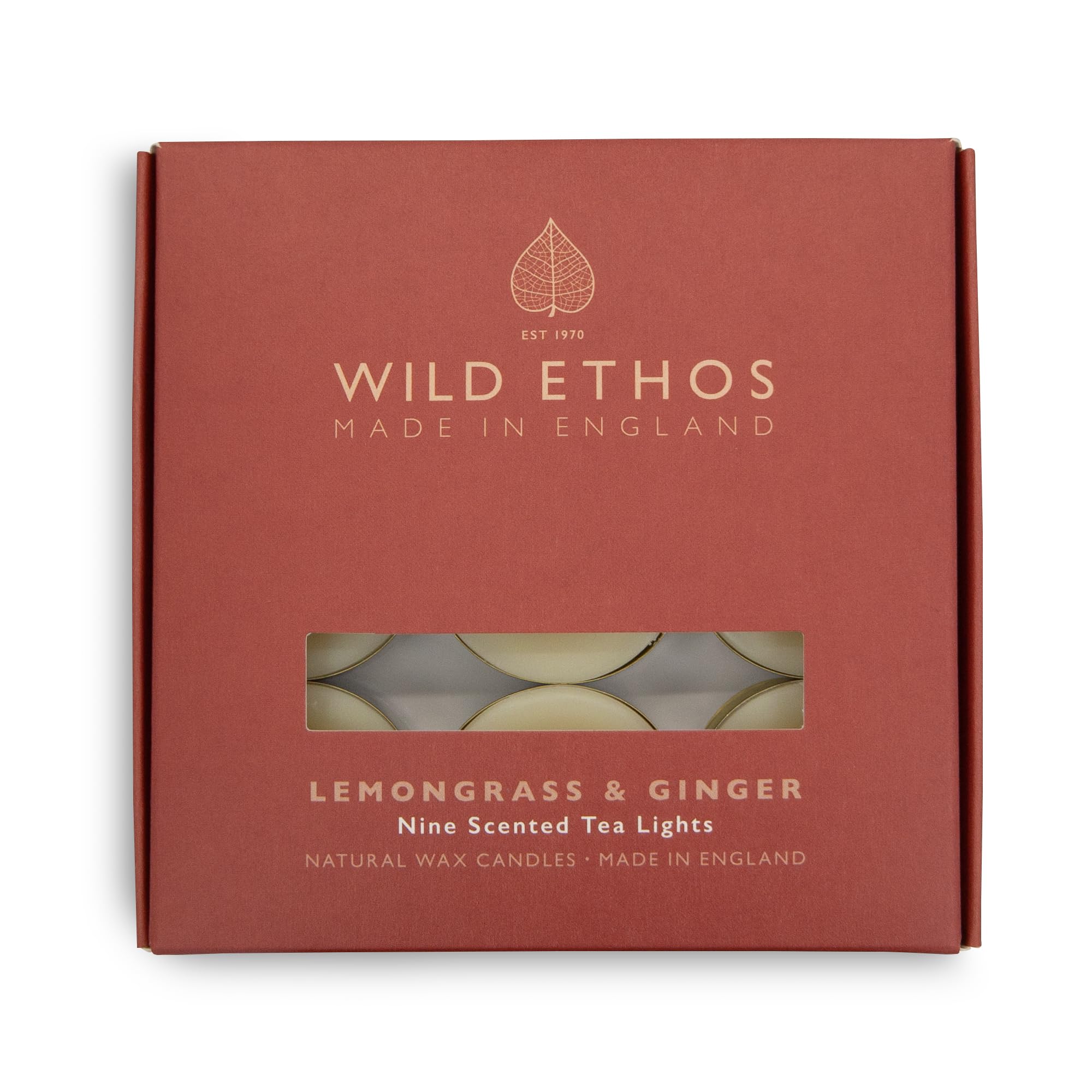 Wild Ethos Scented Tea Lights - Natural Wax - Long Lasting & Blended Natural Essential Oils - Pack of 9 - Made in The UK - Select Your Scent (Lemongrass & Ginger)