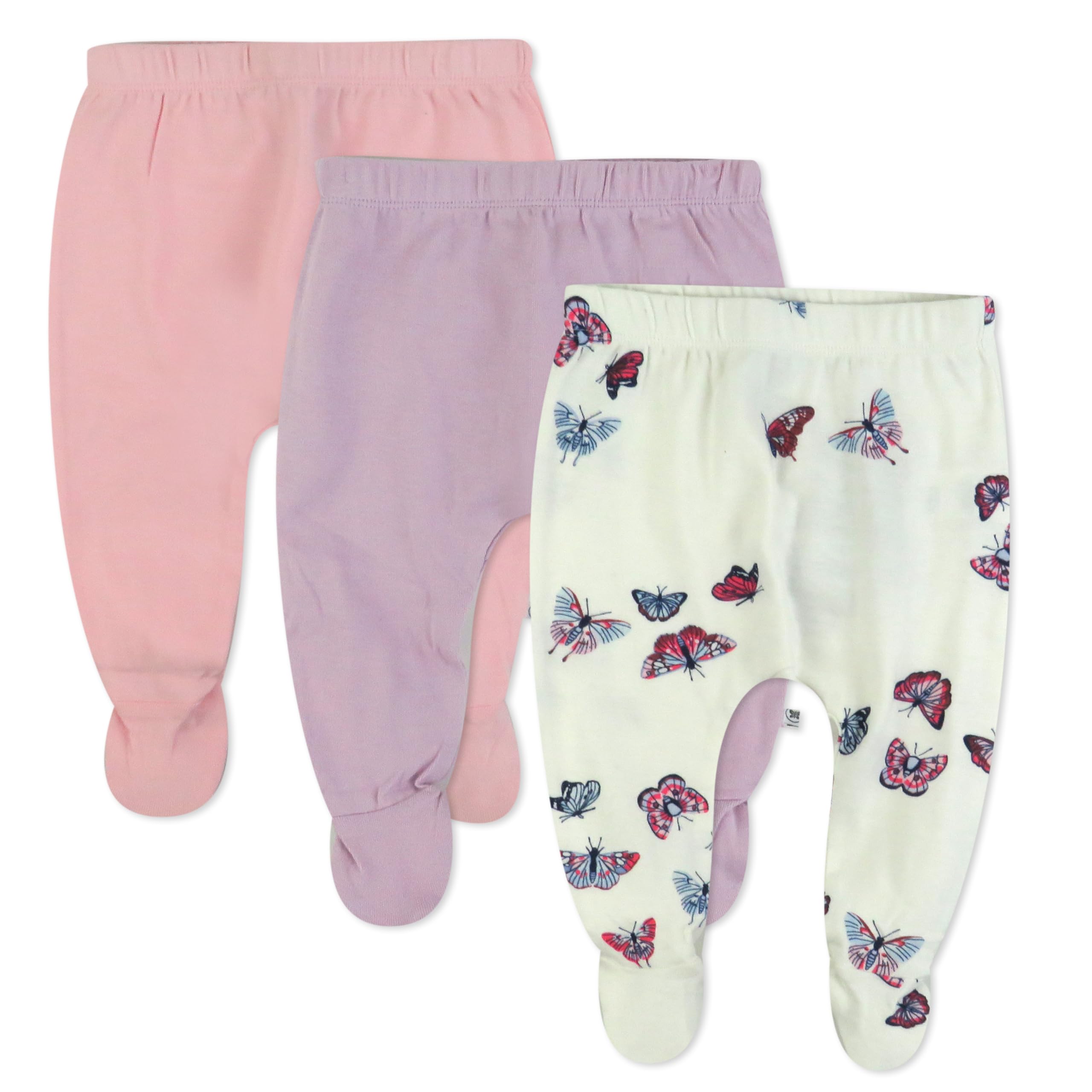 HonestBaby 3-Pack Footed Pants Roomy Fit Pull on Bottoms 100% Organic Cotton for Infant Baby Boys, Girls, Unisex, Flying Butterfly Ivory, 6-9 Months Image