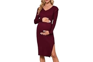 KOJOOIN Women's Maternity V Neck Sweater Dress Rib Knit Long Sleeve Bodycon Side Slit Midi Dress Fall Photoshoot Baby Shower