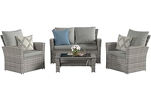 VONZOY Wicker Patio Furniture Set, 4 Piece Outdoor Sectional Conversation Sets, Gray PE Rattan Patio Sofa Set for Balcony, Porch, Backyard, Grey