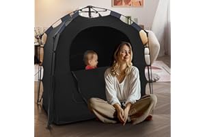 POUDEE Pack N Play Blackout Cover Baby Sleep Tent 1-Click Set Up Blackout Tent Travel Crib Tent Canopy Portable Privacy Tent Blackout Canopy Crib Cover, Block 95% Light, Black