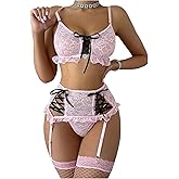 RoseSeek Women's 5 Piece Lace Garter Lingerie Sets Knot Wireless Bra and Panty Set with Fishnet Stockings