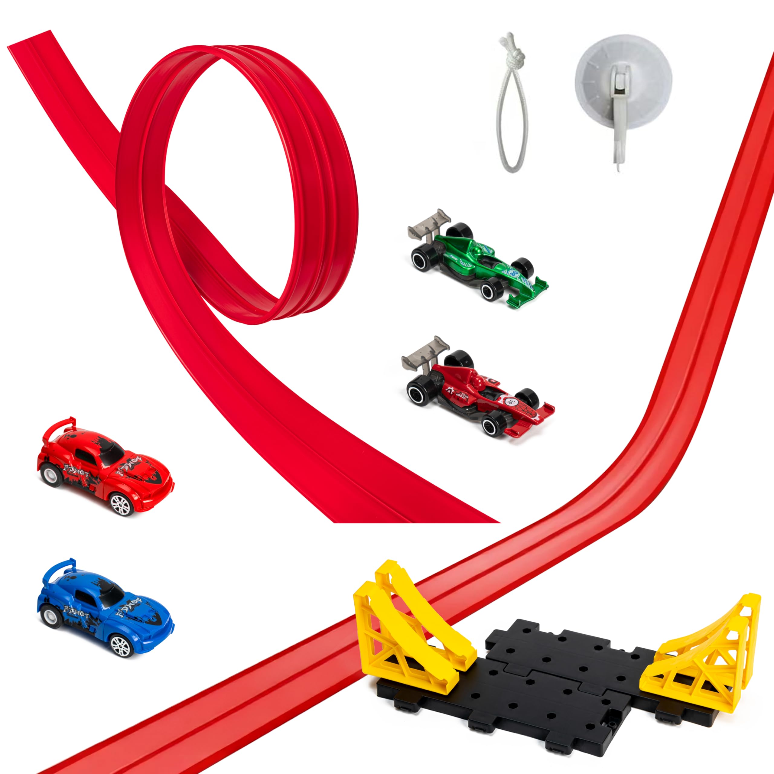 GROBRO7 Toy Car Flexible Track for Racing - 5M Two Lane Die-Cast Car Track with 4 Race Cars, Rolls Up Mounts on Doors, Walls, STEM Learning Toy for Kids, Tool-Free Indoor Play, Boys Girls Gift, Red