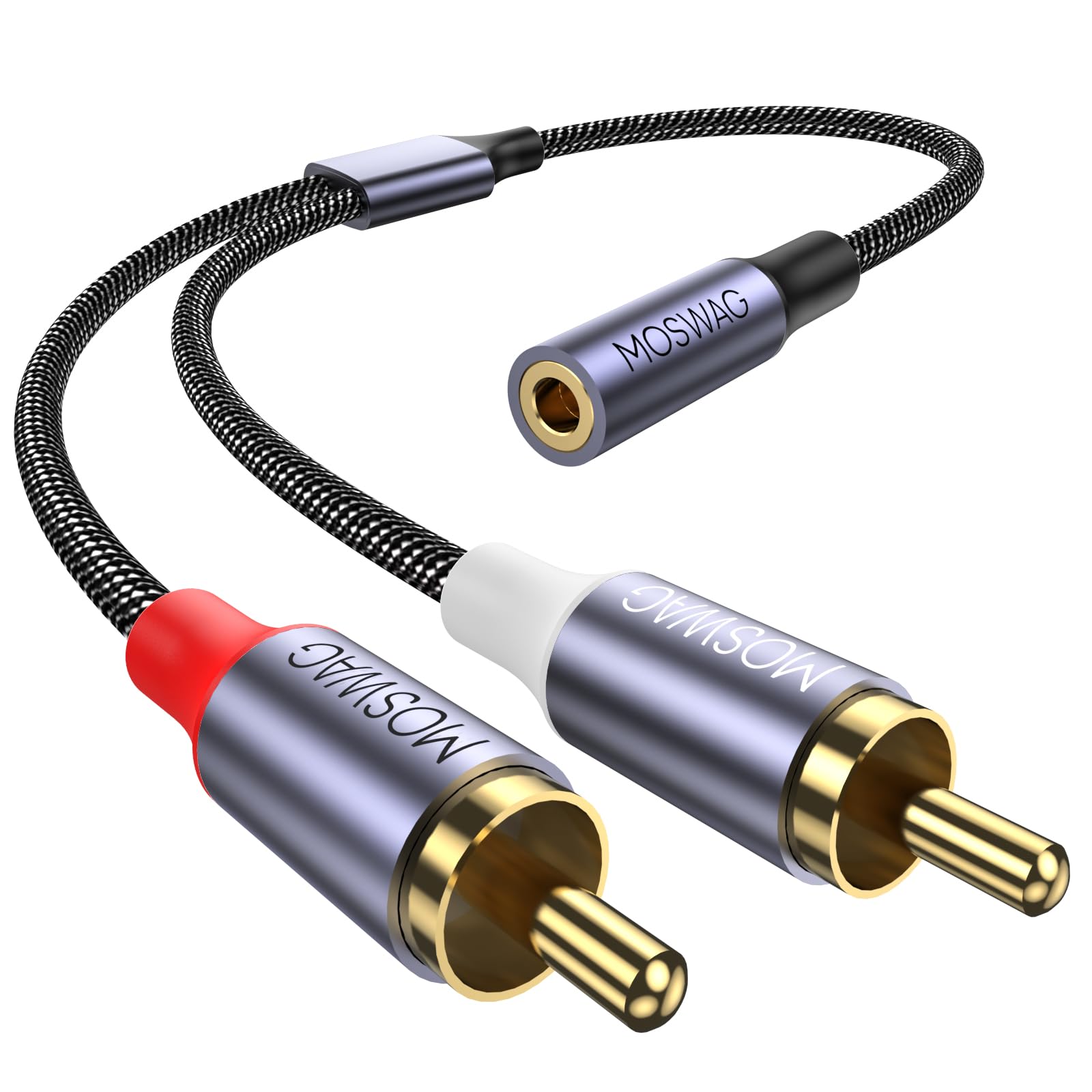 MOSWAG 2RCA Male to 3.5mm Female Stereo Audio Cable, 25CM Gold-Plated Nylon Braided Hi-Fi Audio Cord, Compatible with Phones, Laptops, Amplifiers, Speakers, Home Theater, Soundbars
