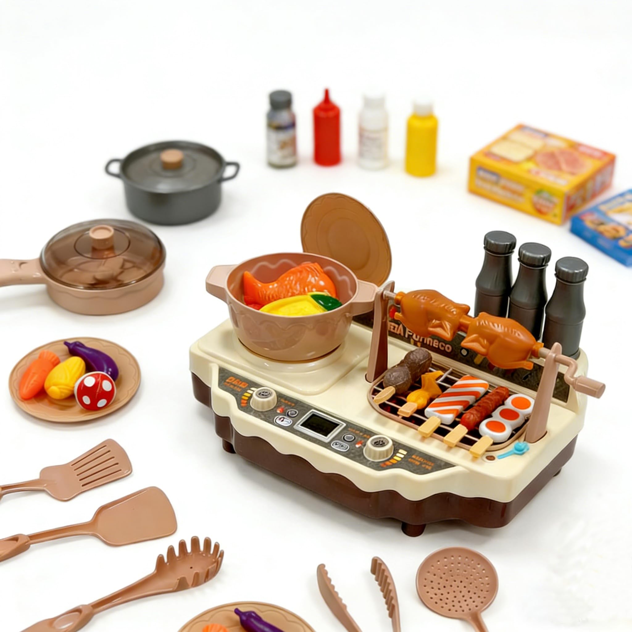 Kids BBQ Grill Playset Kitchen BBQ Toy Playset with Spray Sound & Automatic Cooking, Role Play Learning Toys for Toddlers Girls Boys