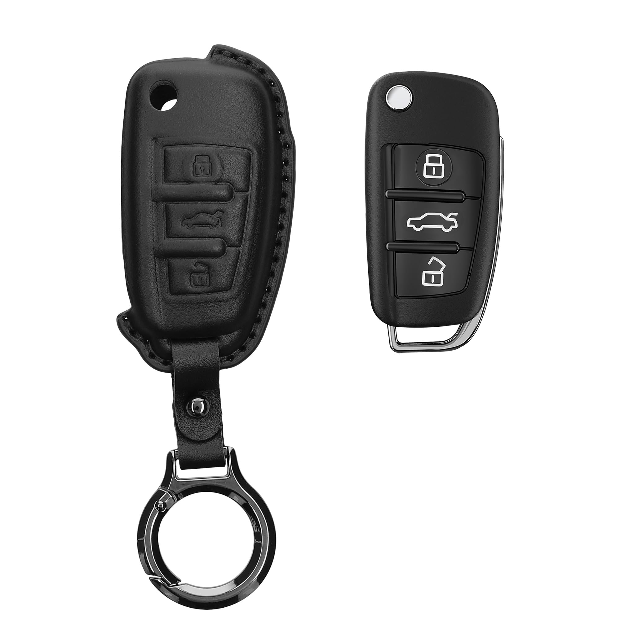 kwmobile Leather Key Cover Compatible with Audi 3 Button Flip Key Key Cover - Genuine Leather - Black