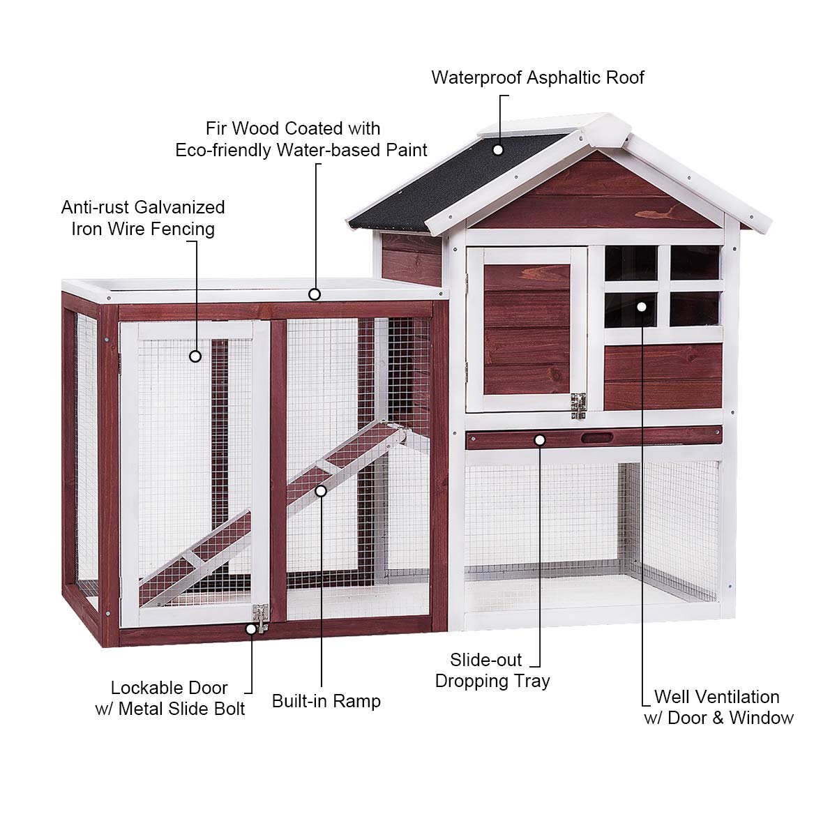 Tangkula Large Chicken Coop Wooden Rabbit Hutch Outdoor Garden Backyard Hen House Wood Pet House Poultry Cage With Outdoor Runnaturalred Brown