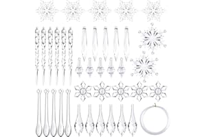 FEPITO 85 PCS Christmas Decoration Acrylic Snowflake Icicles Christmas Tree Icicle Snowflake with Crystal Line Ornaments Set for Christmas Party Decorations
