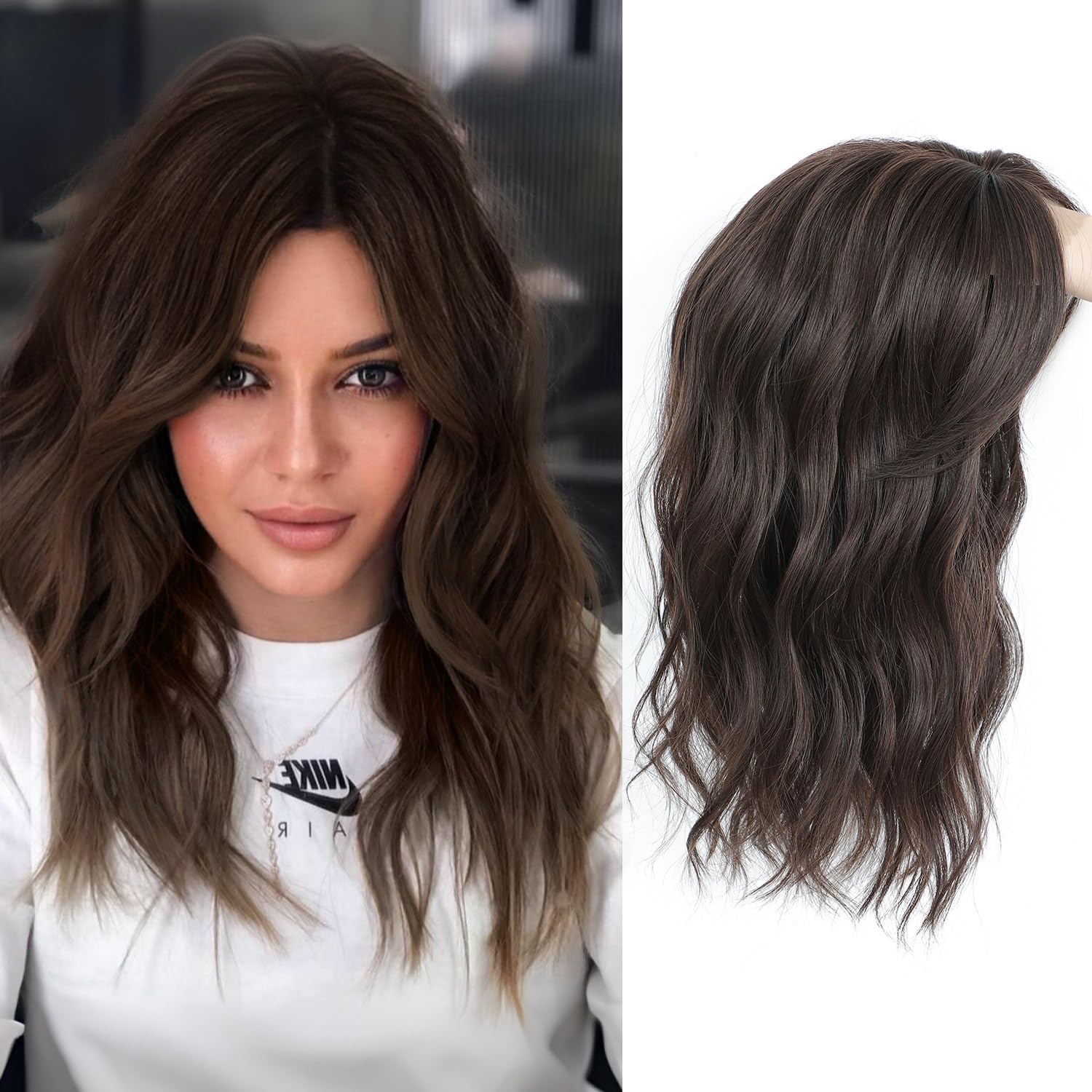 Photo 1 of PANEWAY Hair Topper 16 Inch, Wavy Curly Soft Brown Clip-in Wiglet for Women, Synthetic Top Piece to Add Volume & Thickness