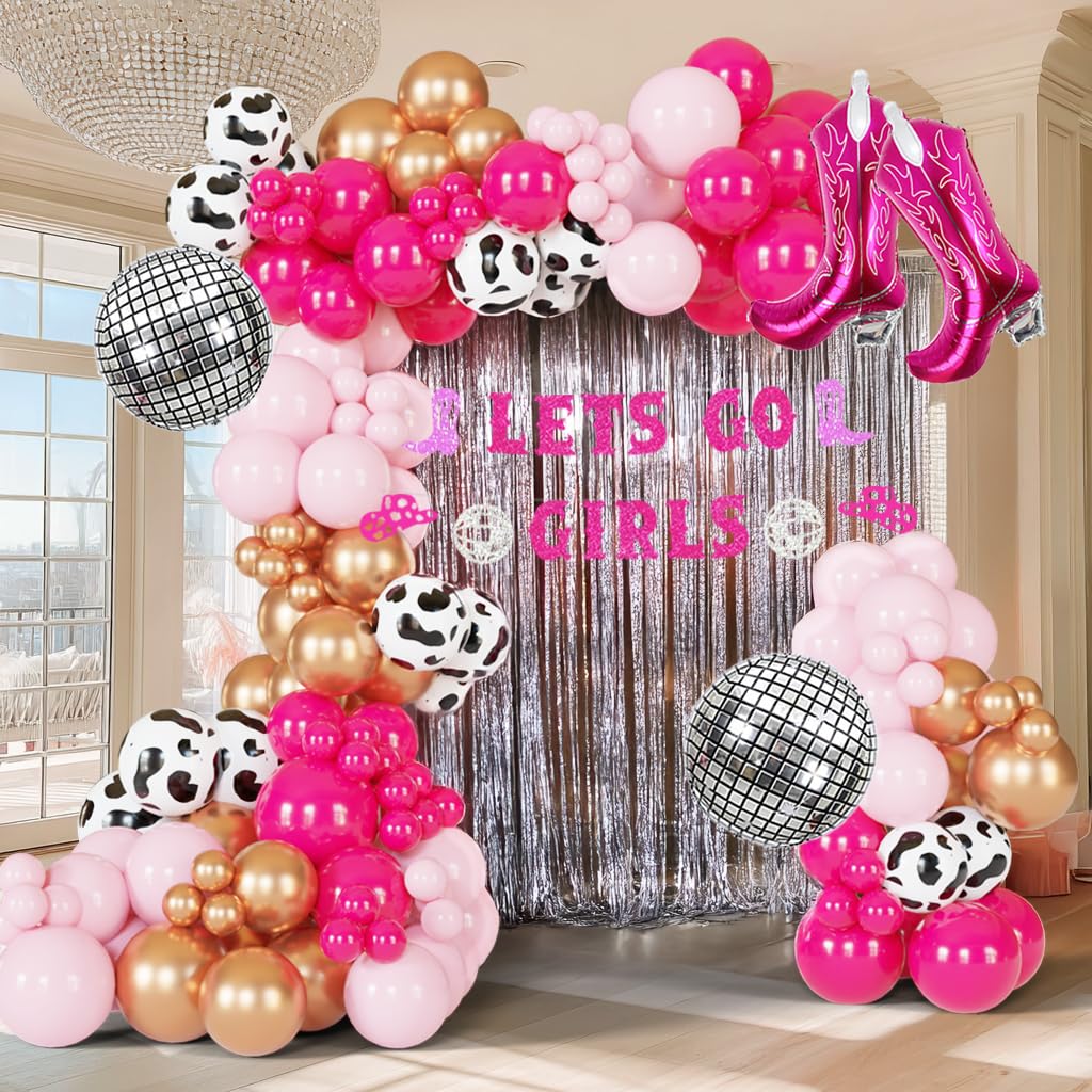 Pink Rodeo Party missing pieces* Pink & Rose Gold Cow Print Balloon Arch, Disco Boot ...
