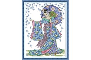 CaptainCrafts Cross Stitch Kits, New Counted Kit Unprinted 14CT Fabric Cross Stitching DIY Art DMC Needlecrafts Embroidery Kit for Adults Beginner (White, Rain Flower Blue Kimono Woman)