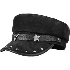 Y2K Punk Newsboy Hat Adjustable PU Leather Fiddler Cap Studded Cabbie Cap with Stars & Bull Head for Halloween Daily Wear