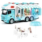 Dwi Dowellin RV Toy Camper Truck for Kids Ages 3-6 Blue | Friction-powered push-and-go. Opens into a beach playset with food props. Pretend play toy for boys and girls.