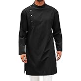 Runcati Mens Kaftan Thobe Robe Long Sleeve Cotton Henley Shirt Casual Muslim Gown Salwar Kurta