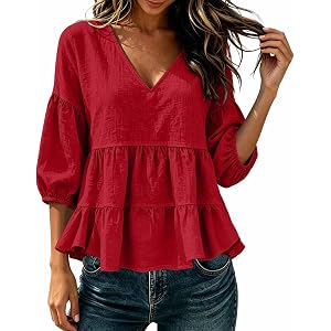 Womens 3/4 Sleeve Peplum Babydoll Tops V Neck Flowy Pleated Ruffle Tiered T-Shirts Casual Loose Fit Cute Blouse