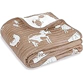 BOPRIO Ultra Soft Muslin Baby Blanket 6 Layers Neutral Swaddles Bed Blankets with Lovey Animal Design for Newborn Babies Kids Toddlers 43 x 43 Inch (Brown Woodland)