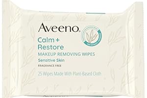 Aveeno Calm + Restore Unscented Makeup Remover Face Wipes, Fragrance Free Facial Cleansing Towelettes with Oat Extract & Calming Feverfew Leave Skin Feeling Soothed, Alcohol Free, 25 ct