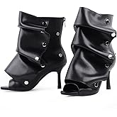 FancyQueen Open Toe Ankle Boots, Black Stiletto High Heels Slouchy Summer Boots Fold Over Slouch Shark Peep Toe Booties for Office Party, Snap-off Panel, Pointed Toe