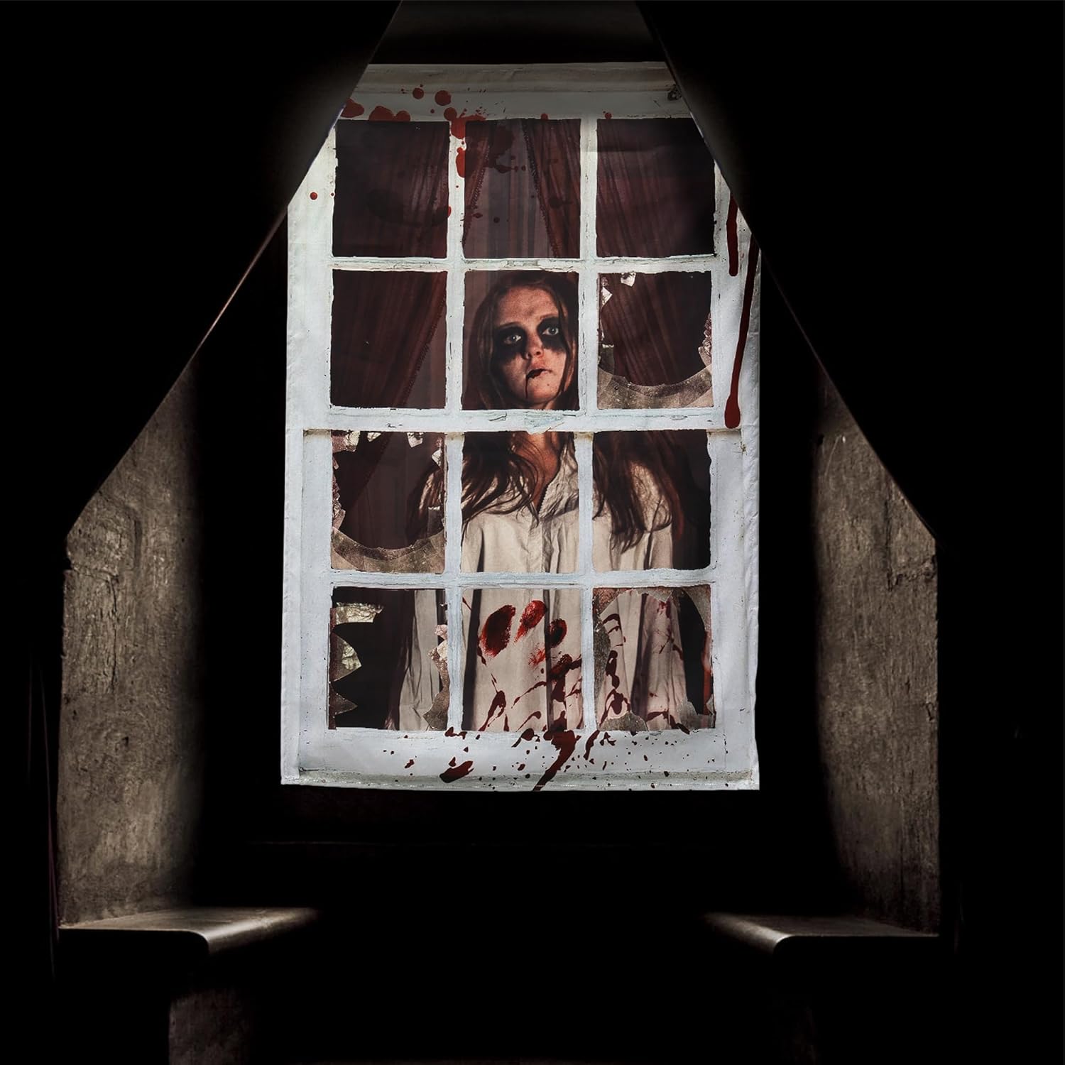 Outdoor Curtains - OLLIDOT Halloween Window Decorations, Halloween Window Cover, Scary Female Ghost Polyester Halloween Curtain with Hanging Accessories, Halloween Window Decor Indoor Outdoor Party Decorations (Brown)