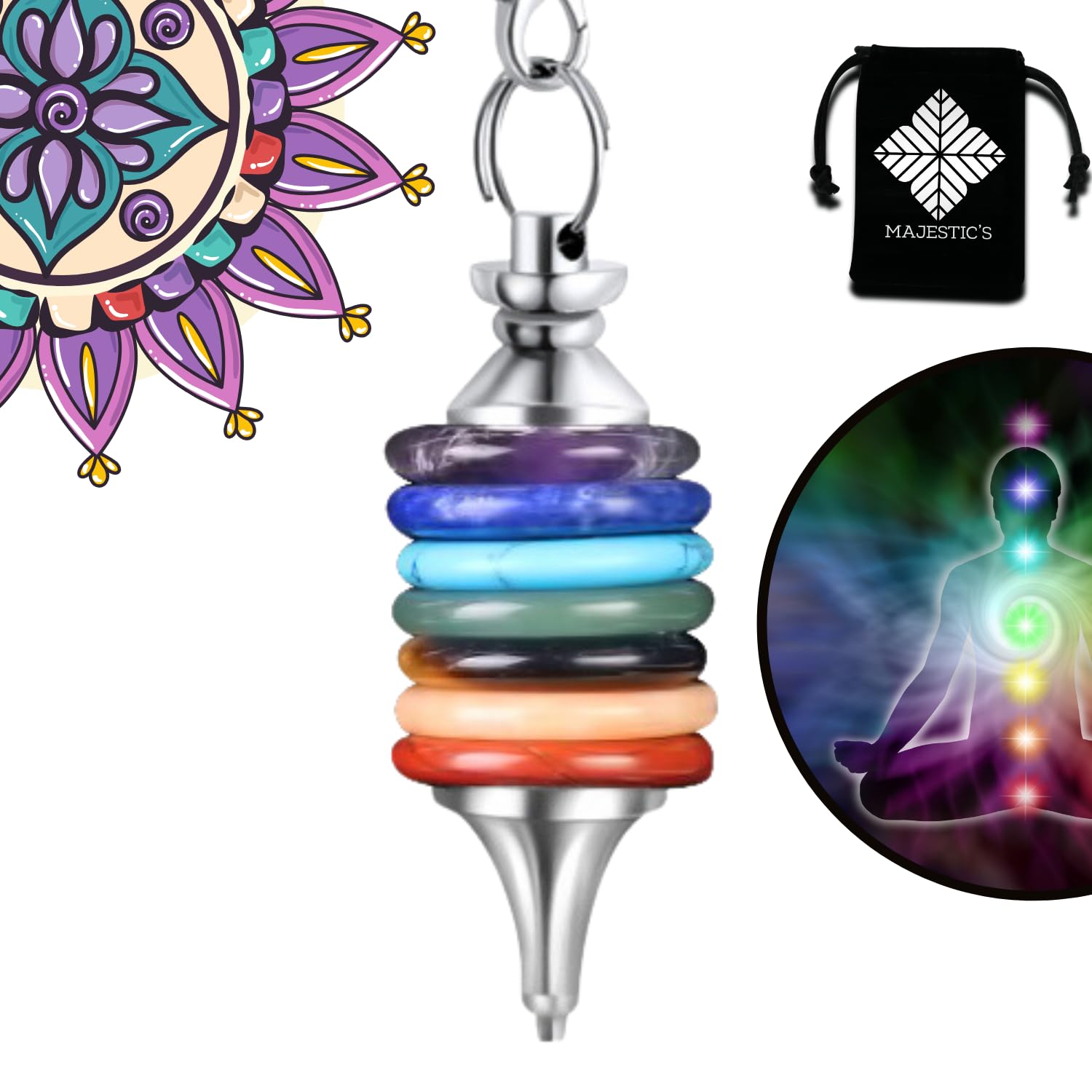 Majestic's 7 Chakra Dowsing Pendulum - Divinatory Radiesthesia Pendant in Natural Stones: Quartz Amethyst Aventurine Jasper - The Most Complete Seven Chakra Pendulum