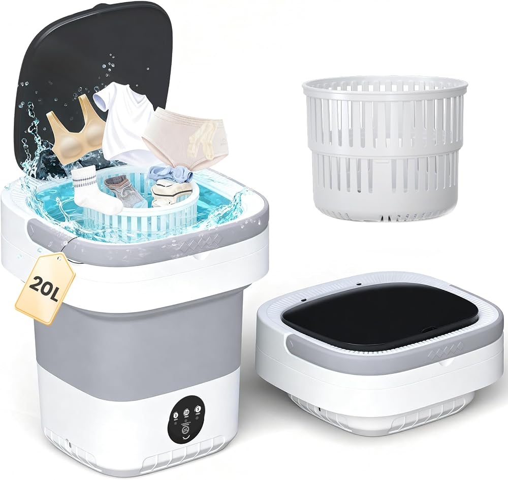 Portable Washing Machine 20L - Mini Washer with Spin Basket (Gray) | 3 Cleaning Modes & Deep Wash for Small Clothes, Foldable