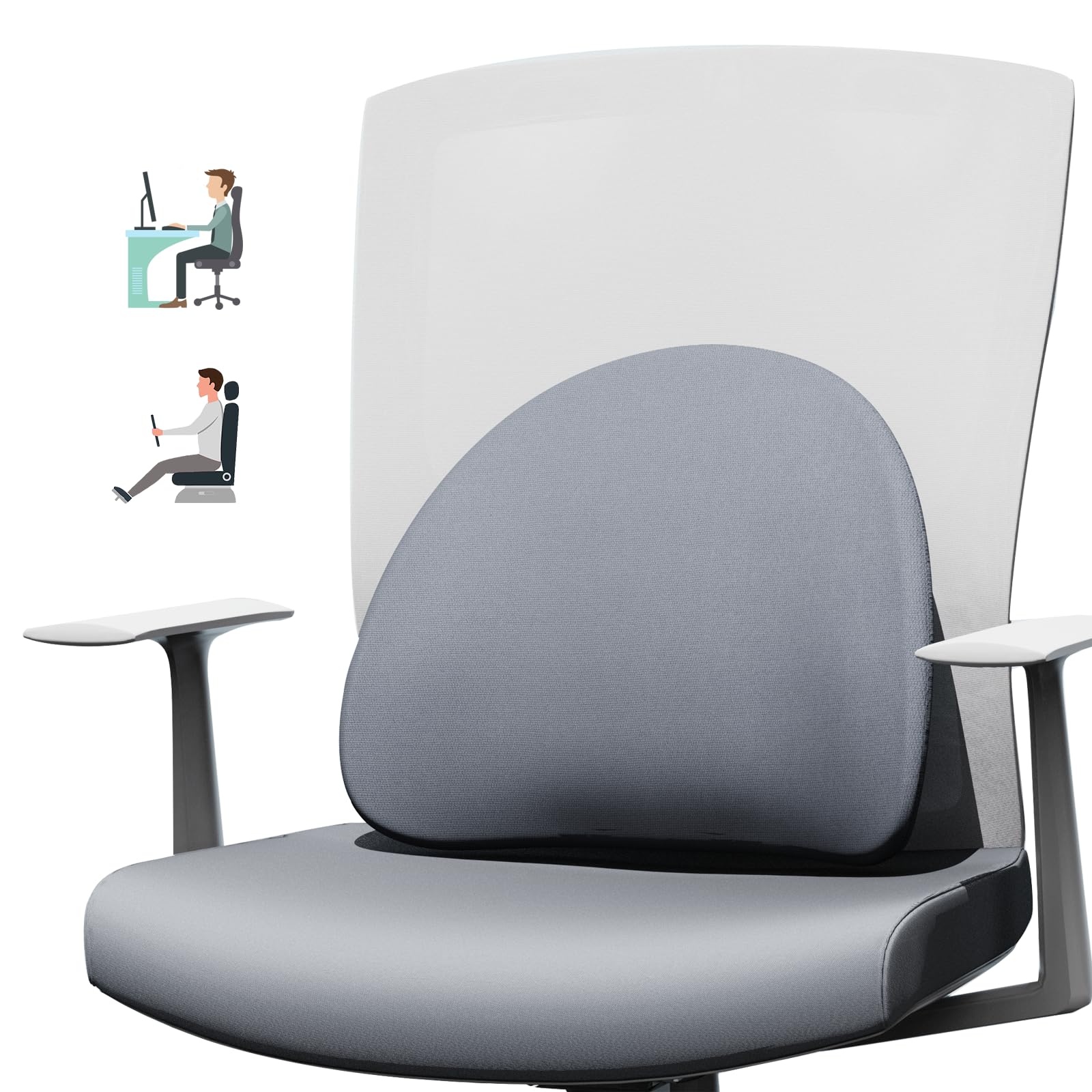 MXPOLY Lumbar Support Pillow for Office Chair and Car with All-Season Adaptive Memory Foam, Ergonomic Back Support for Lower Back Pain Relief, Stay-Put Stain-Proof Silicone Grip (Gray)