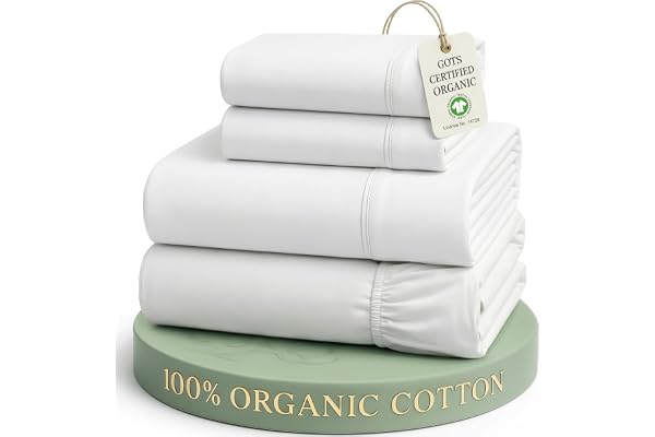 Lane Linen Sheets Queen 100% Organic Cotton Bed Sheets 4Pc - White | GOTS Certified, 4pc Set, 15" Pocket, Percale Weave, High