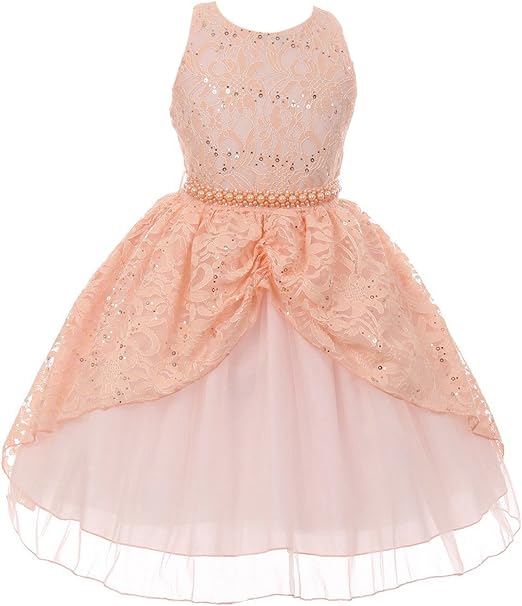 Little Girls Sleeveless Lace Sequin Pearl Prom Holiday