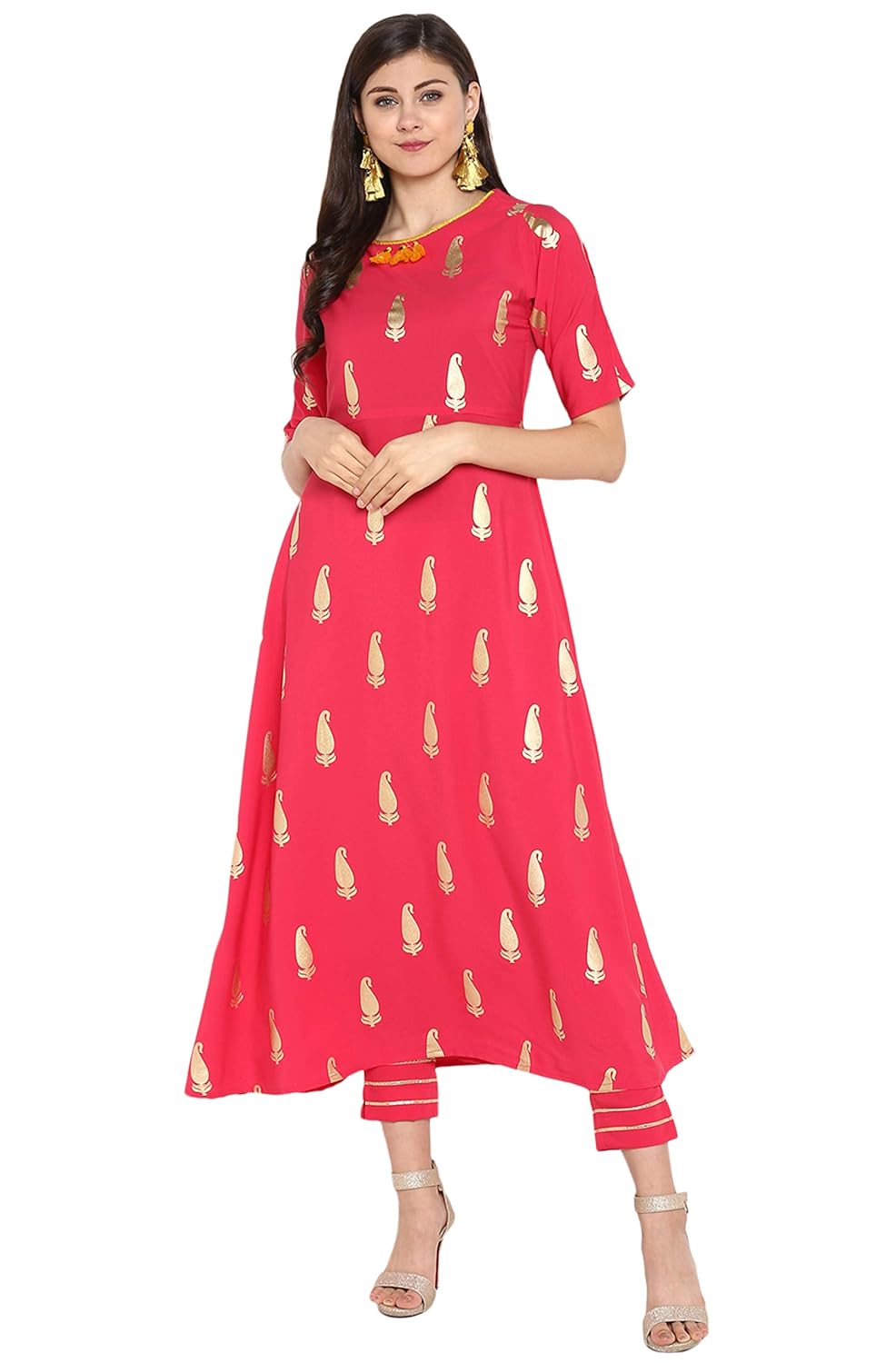 janasya women's crepe foil print a-line kurta with narrow pant