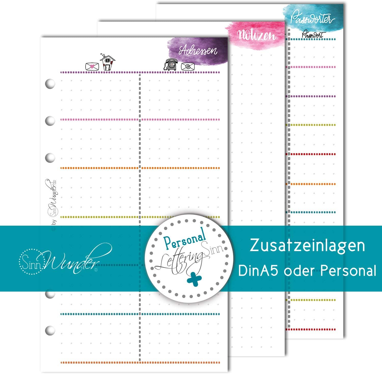 SinnWunder® Extra Sheet Set for Planner with 50 Sheets of Notes Inserts Address Book Inserts Password Lists LetteringSinn DIN A5 Personal White