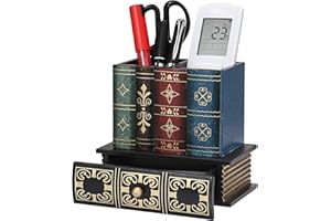 BTSKY Decorative Desk Organizer Caddy, Antique Book Pencil Holder with Storage Drawer, Antique Library Books Design Pen Cup W
